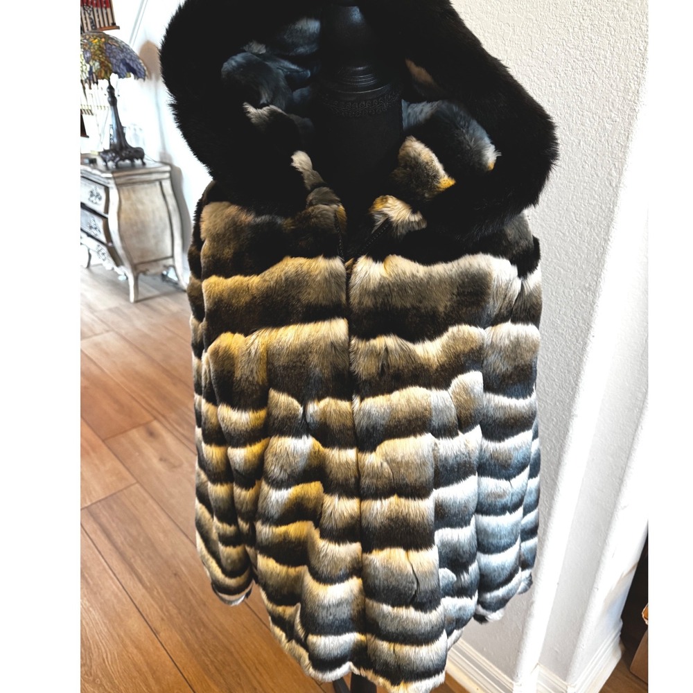 Midnight Velvet Faux Fur Coat Black Mid-Length Jacket Womens Large Luxury Glam